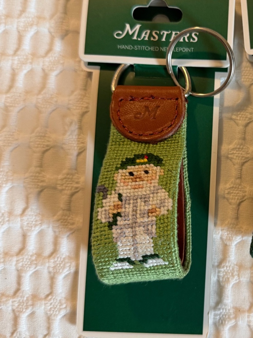 Masters Green Needlepoint Golf Key Fobs with Leather Trim